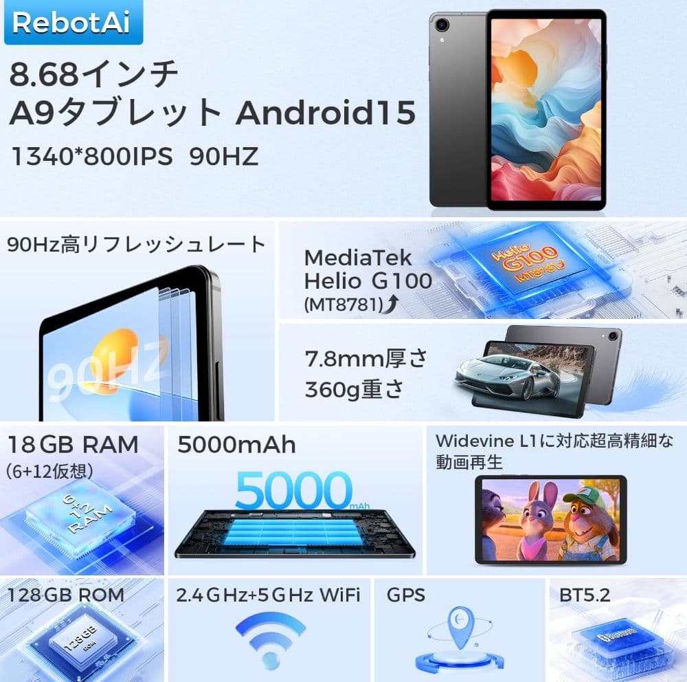 RebotAi A9 8インチ Android15 専用ケース付き 4G LTE