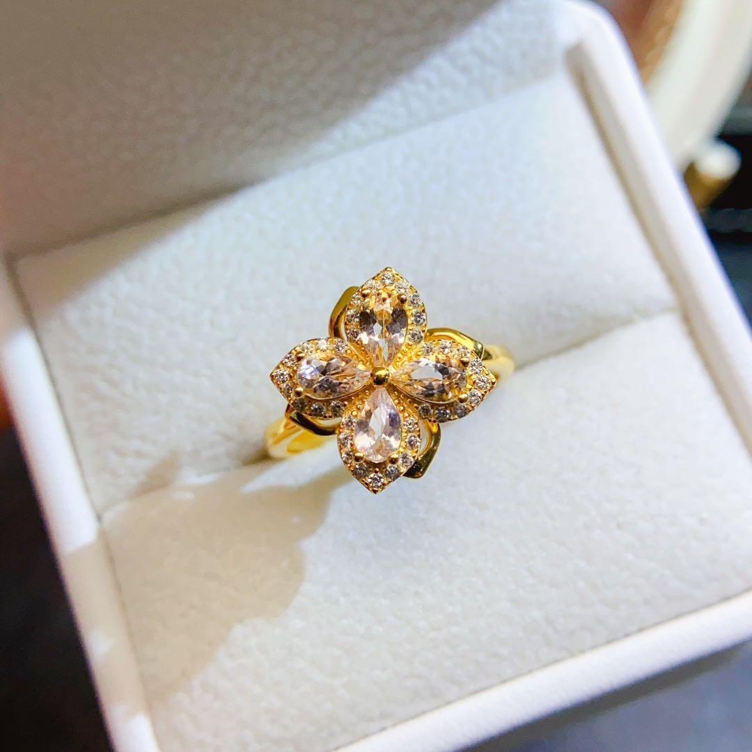 天然モルガナイト 淡いピンク 四つ葉モチーフ 回転 S925銀18KGP リング