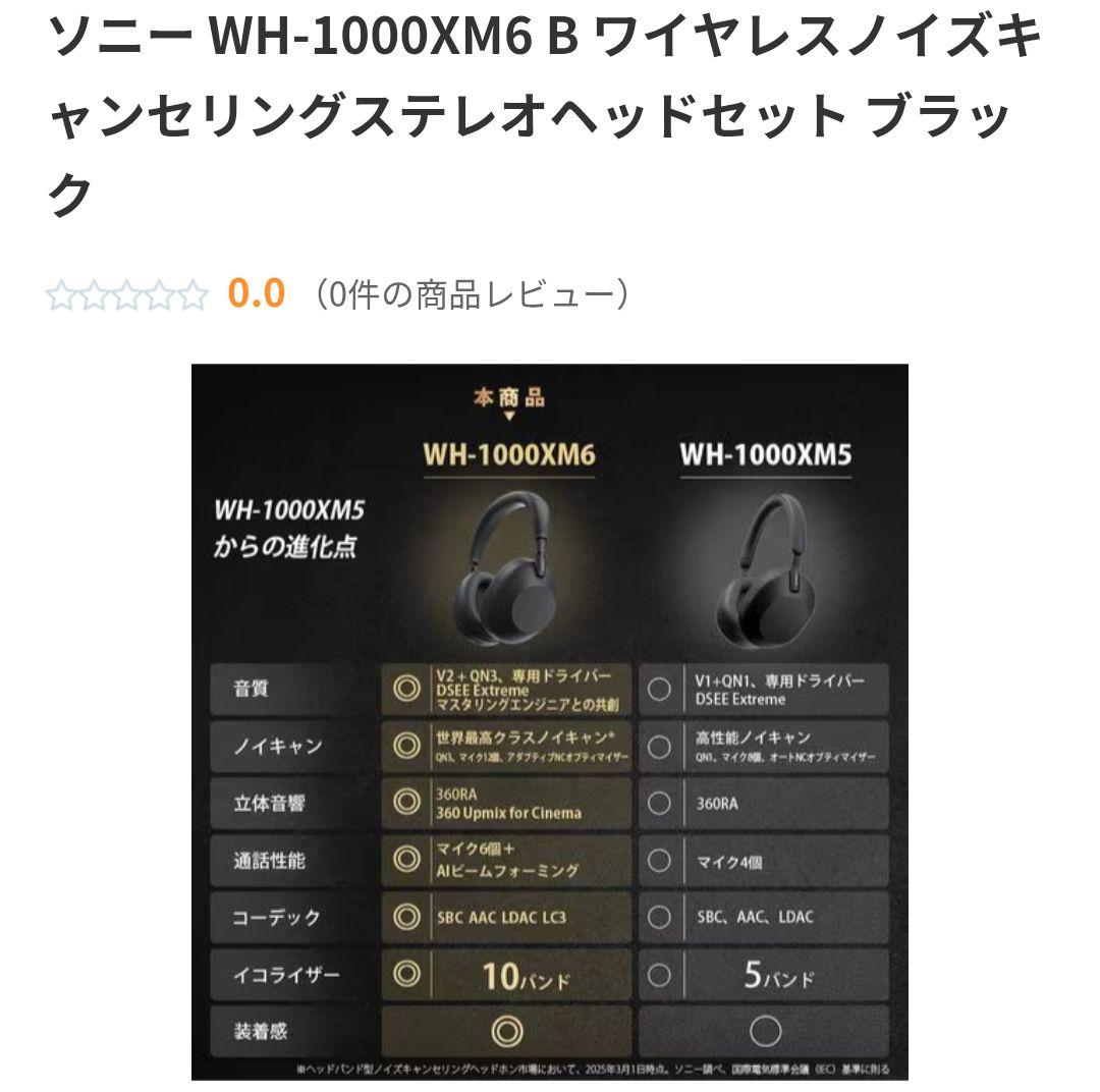 【未開封】SONYワイヤレスノイキャンステレオヘッドセットWH-1000XM6黒
