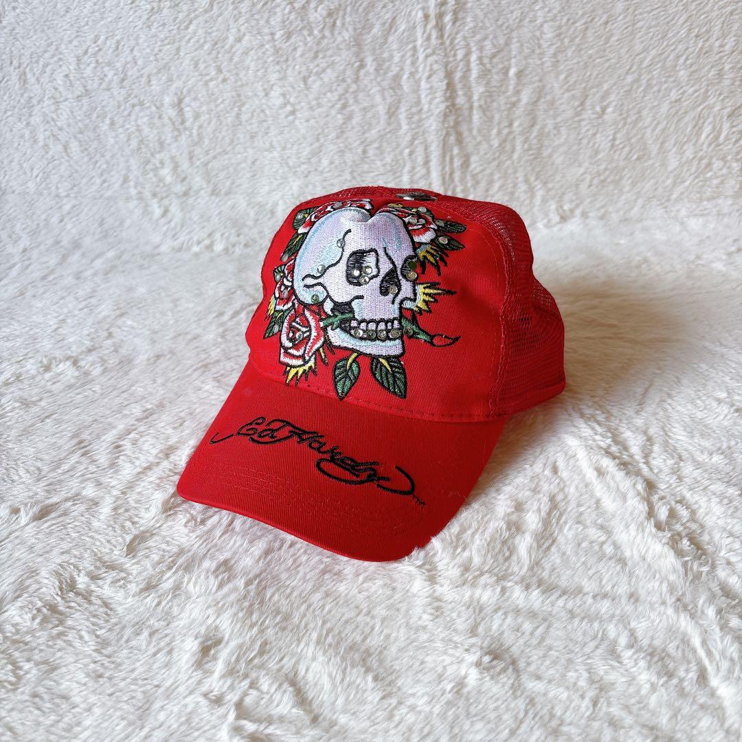 [超美品]ED Hardy スカル バラ刺繍 キャップ メッシュ レッド