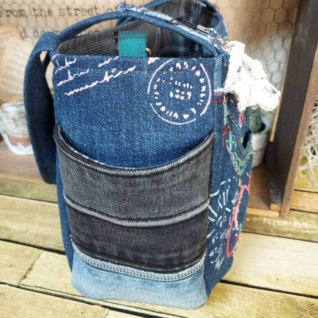 刺繍デニムバック　No.659　デニムリメイク　刺繍バック　サイドポケット