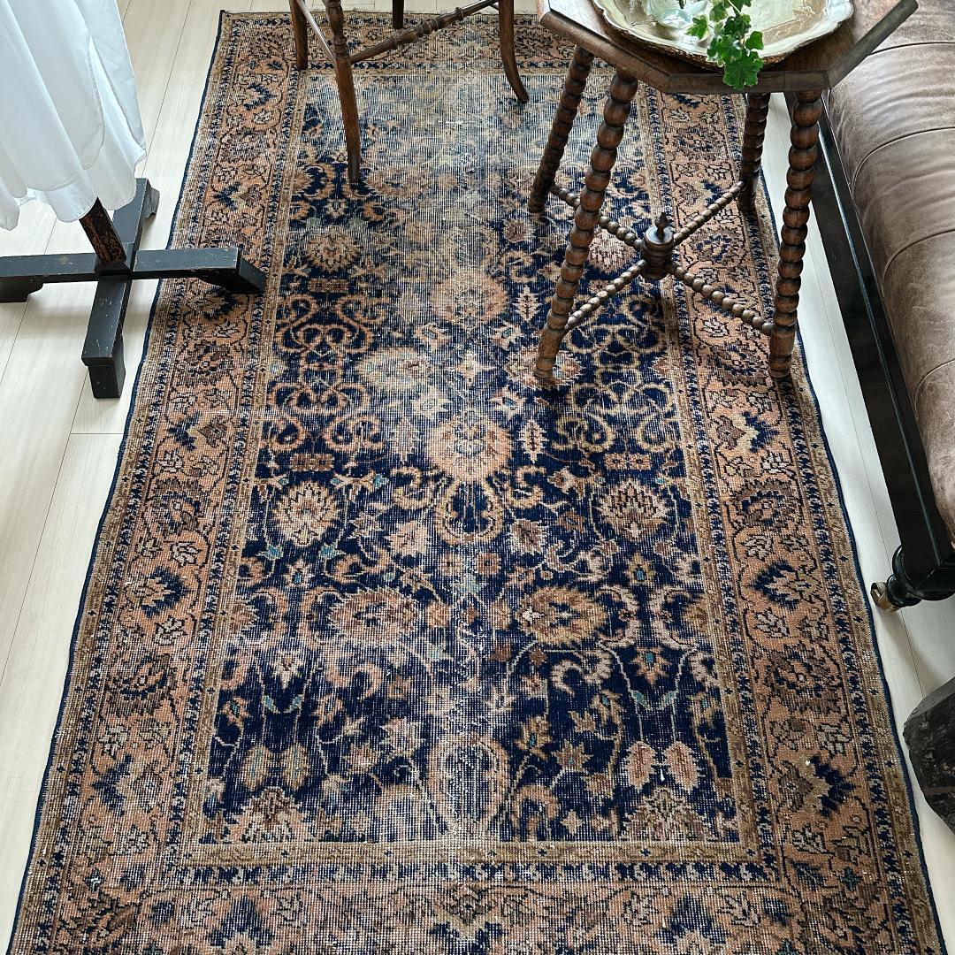 トルコ ヴィンテージラグ A30 レア ネイビー キャメル オレンジ ブルー