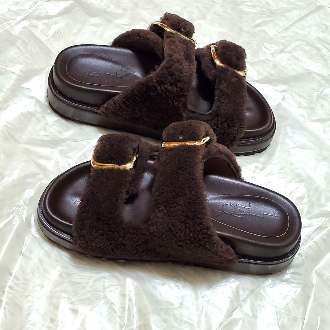 ■LE TALON レザー ボアベルト サンダル ブラウン S 美品