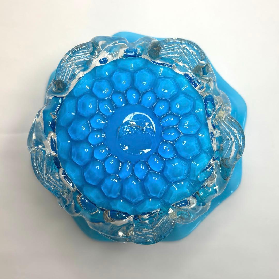 昔ガラス　アンティーク　花縁　フリル　亀甲紋様　ガラス　コンポート　ブルー