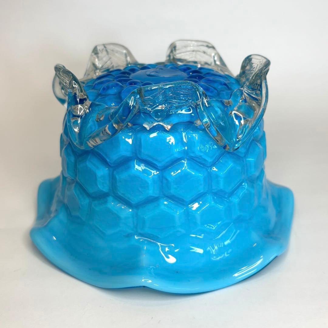 昔ガラス　アンティーク　花縁　フリル　亀甲紋様　ガラス　コンポート　ブルー