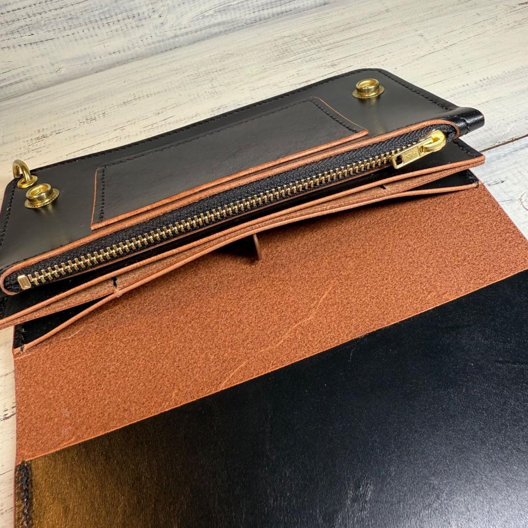 【トラッカーウォレット ロング 3層】 ブラック 茶芯 ゴールド YKK