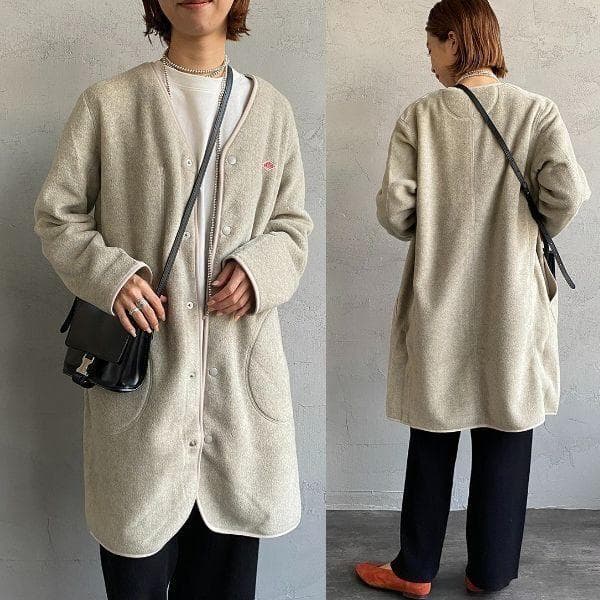 DANTON Vネックロングカーディガン　ノーカラー/フリースコート