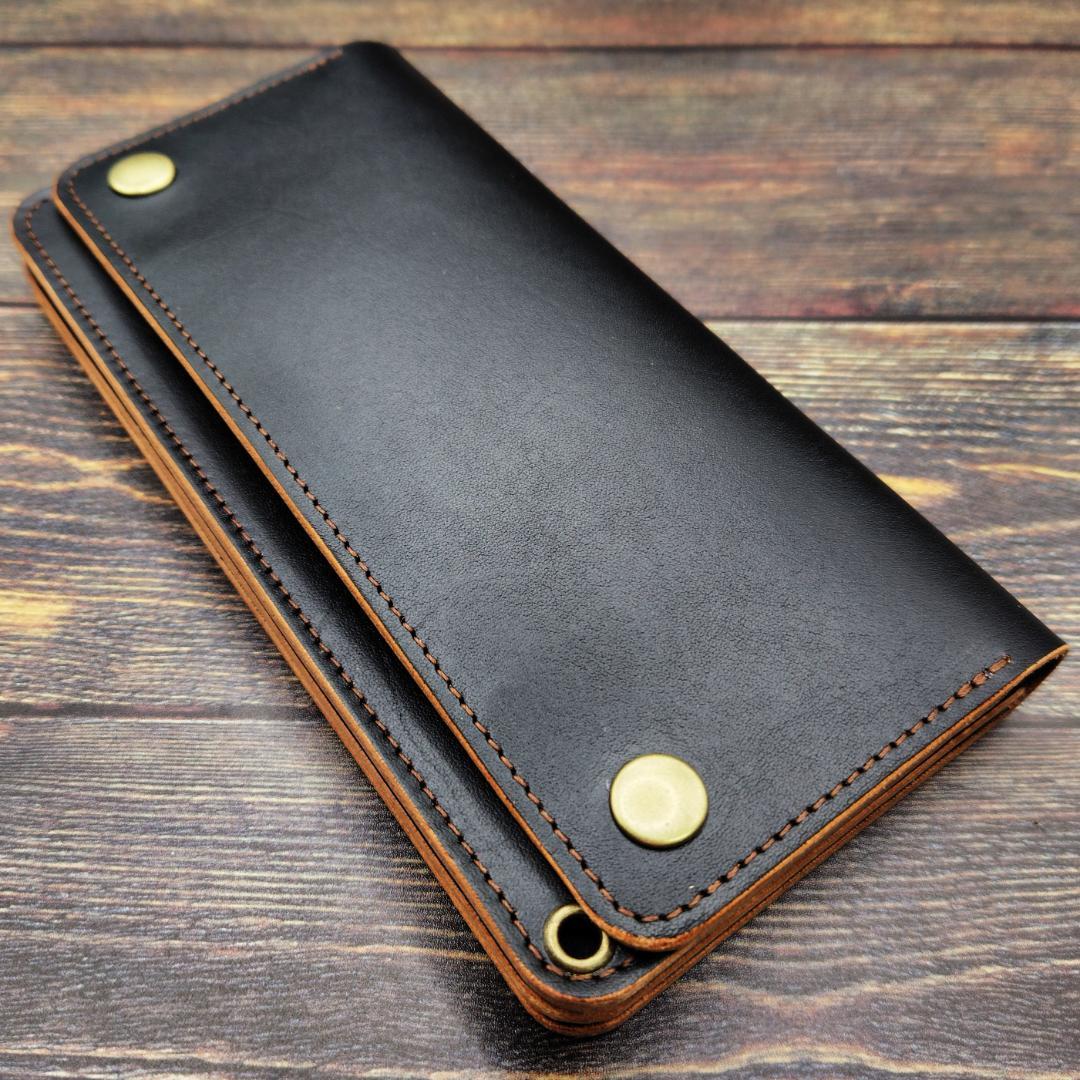 ロングトラッカーウォレット 栃木レザー ハンドメイド 本革 茶芯ブラック