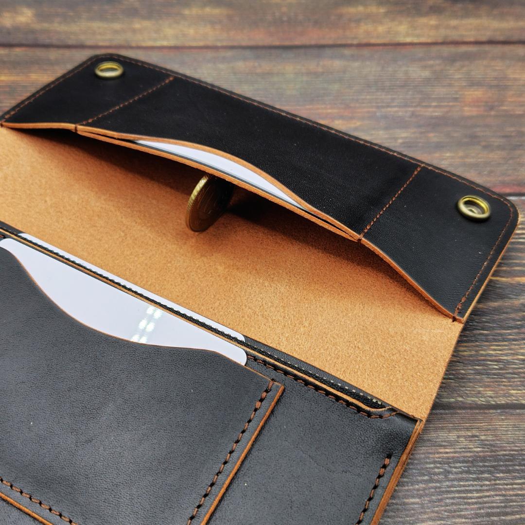 ロングトラッカーウォレット 栃木レザー ハンドメイド 本革 茶芯ブラック