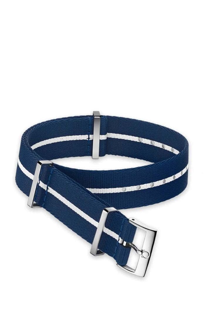 【未使用】 OMEGA NATOストラッ﻿プ ポリアミド,ブルー＆ホワイ﻿ト