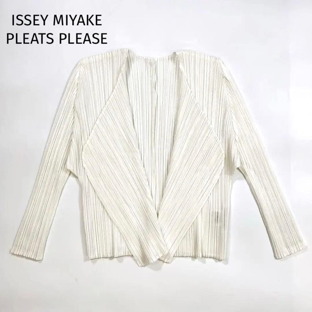 イッセイミヤケ プリーツプリーズ カーディガン 白 3 L 七分袖