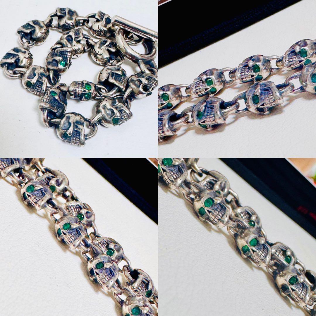38万円購入　天然エメラルド　ロックンライド　スカルブレスレット　シルバー925
