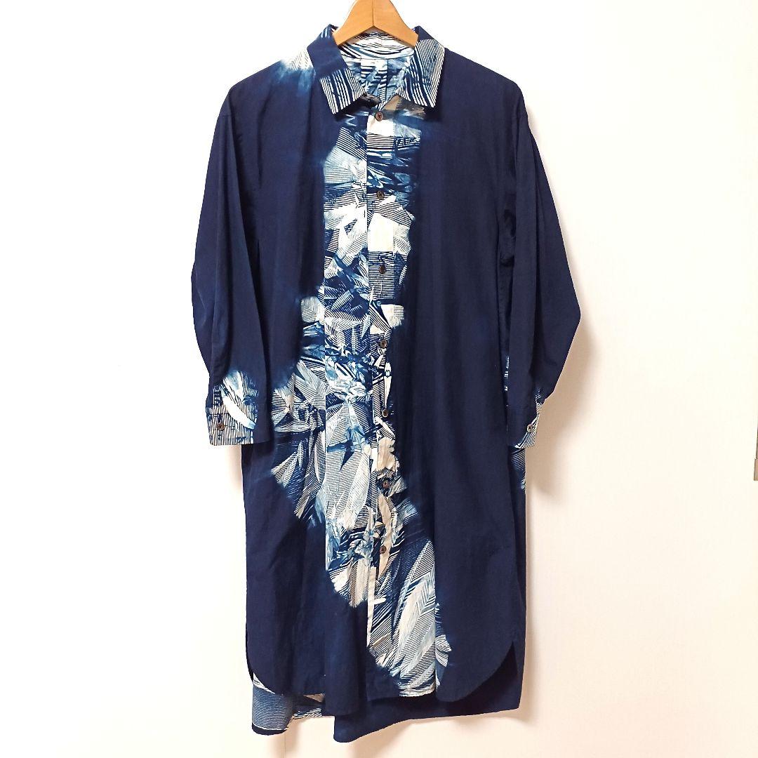 壺草苑　藍染め　ロングシャツブラウス　シャツワンピース