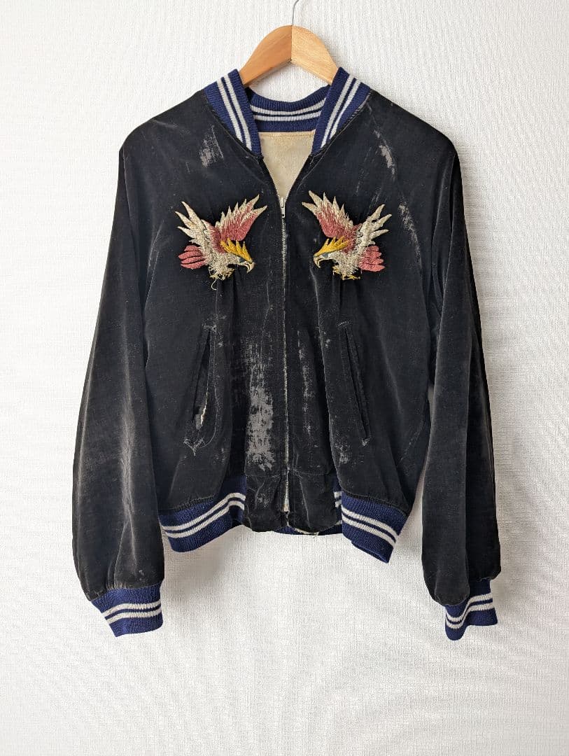50s~60s スカジャン スーベニアジャケット 別珍 ベロア 黒 ブラック 鷲