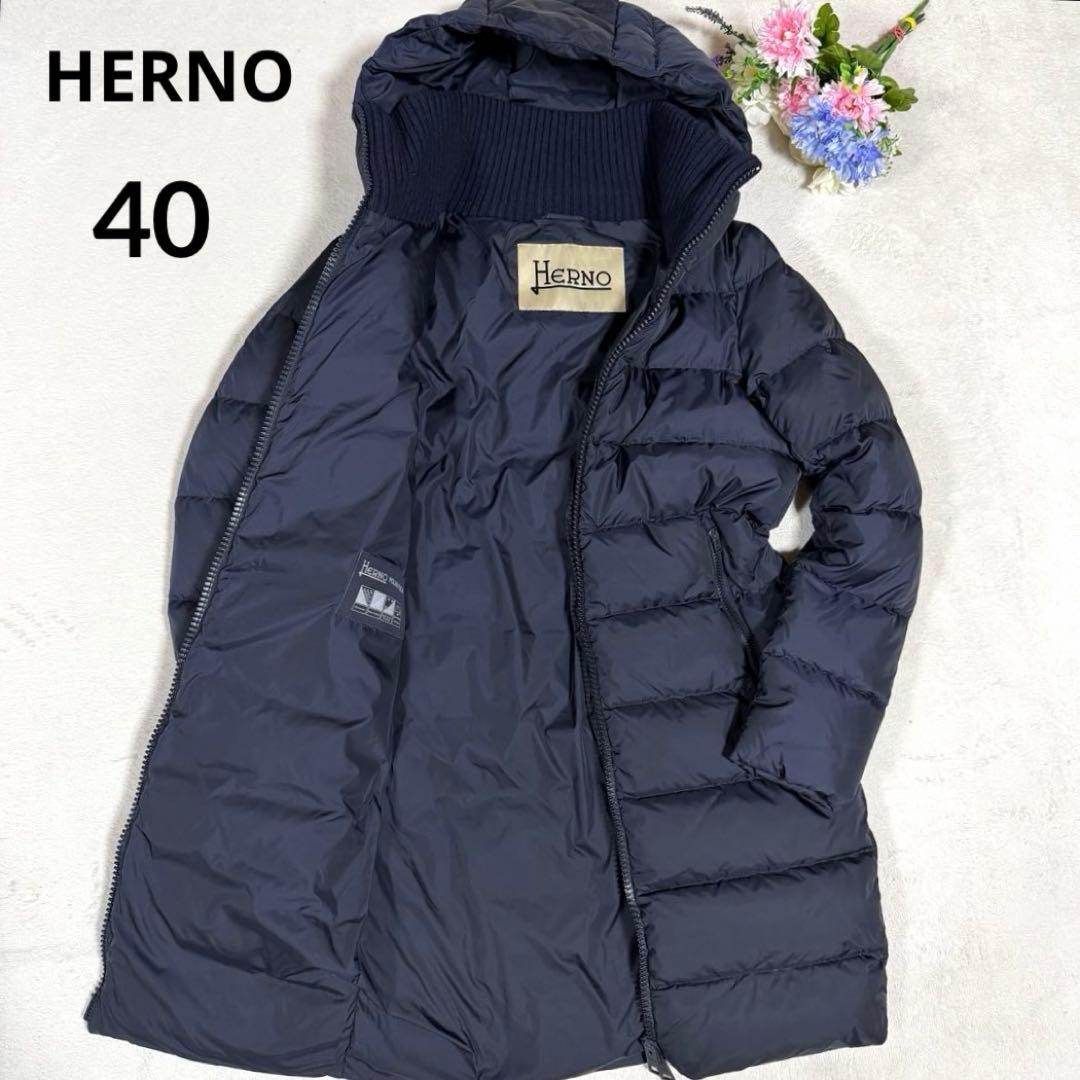 美品★HERNO★ヘルノ ロングダウンコート　ポーラテック リブ切替 紺 40