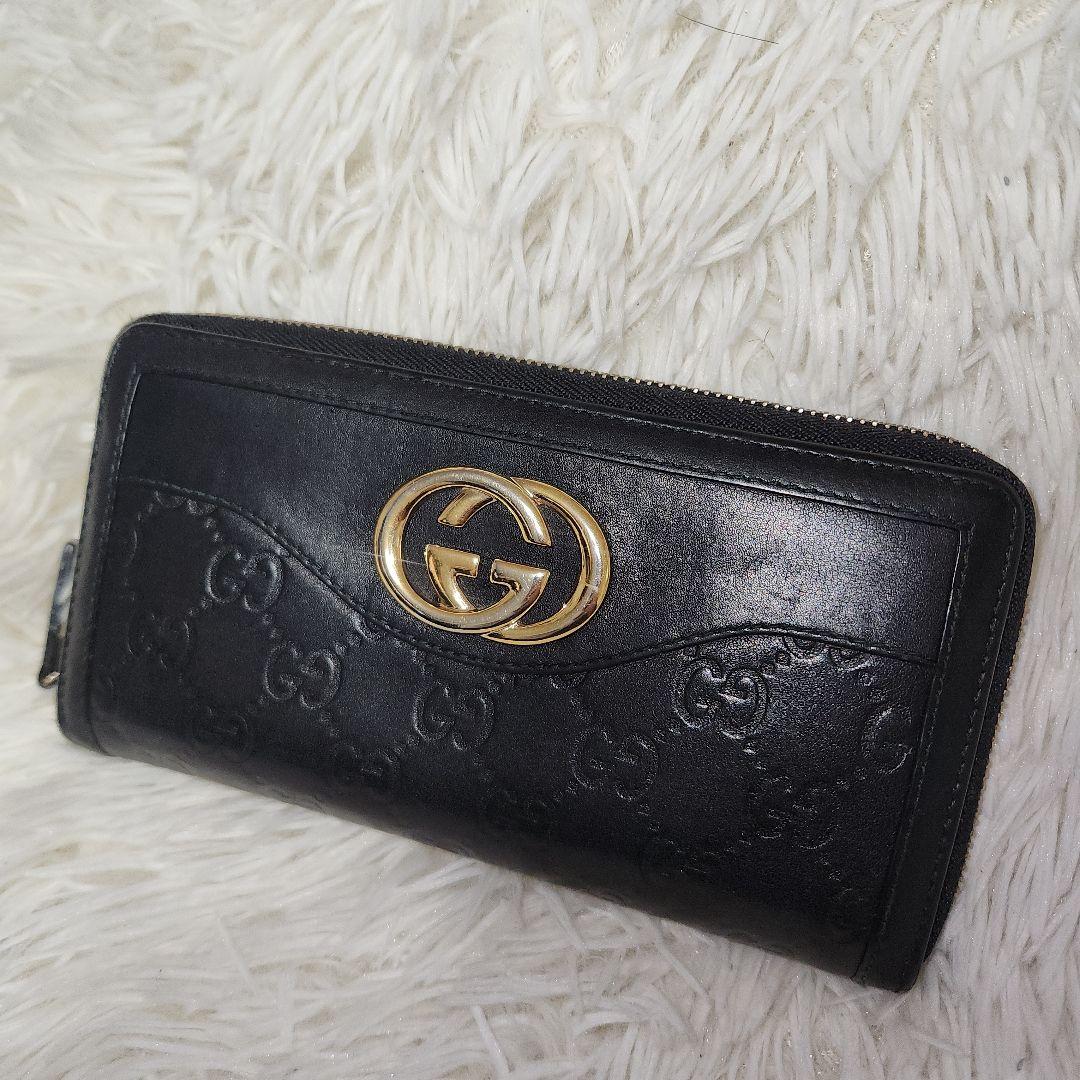 グッチ　長財布　ブラック　シマ　インターロッキング　ラウンドファスナー