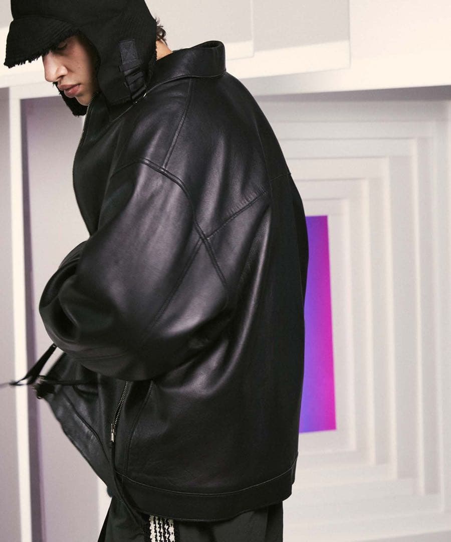 メゾンスペシャル ラムレザープライムオーバー襟付きシングルライダースジャケット