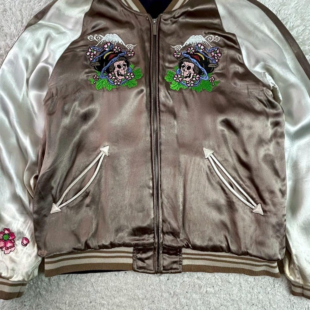 kuu 空 リバーシブル スカジャン 髑髏 鷹 富士 刺繍ベロア サテン L