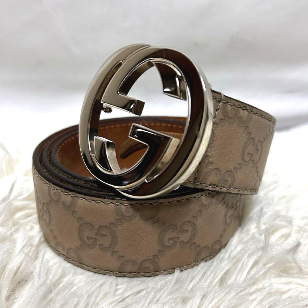 GUCCI ベルト　レザー　シマ　GG柄　ベージュ　ブラウン　114984