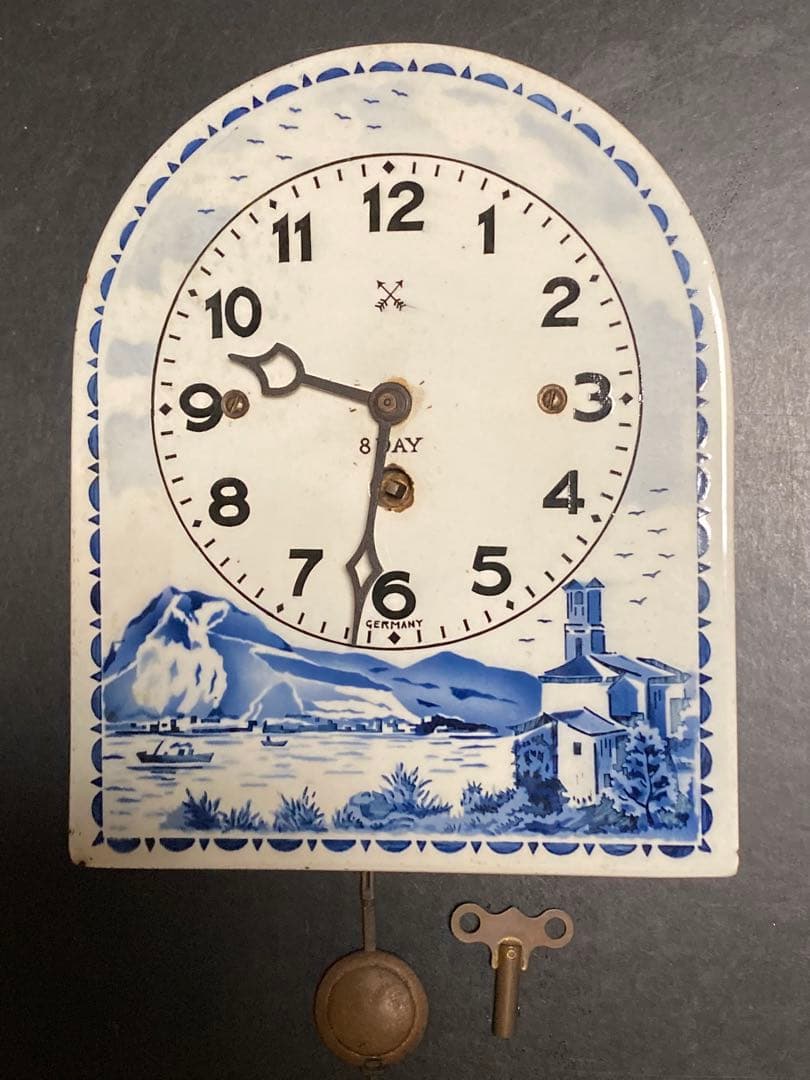 【ジャンク品】アンティーク振り子時計 壁掛け式 陶器製