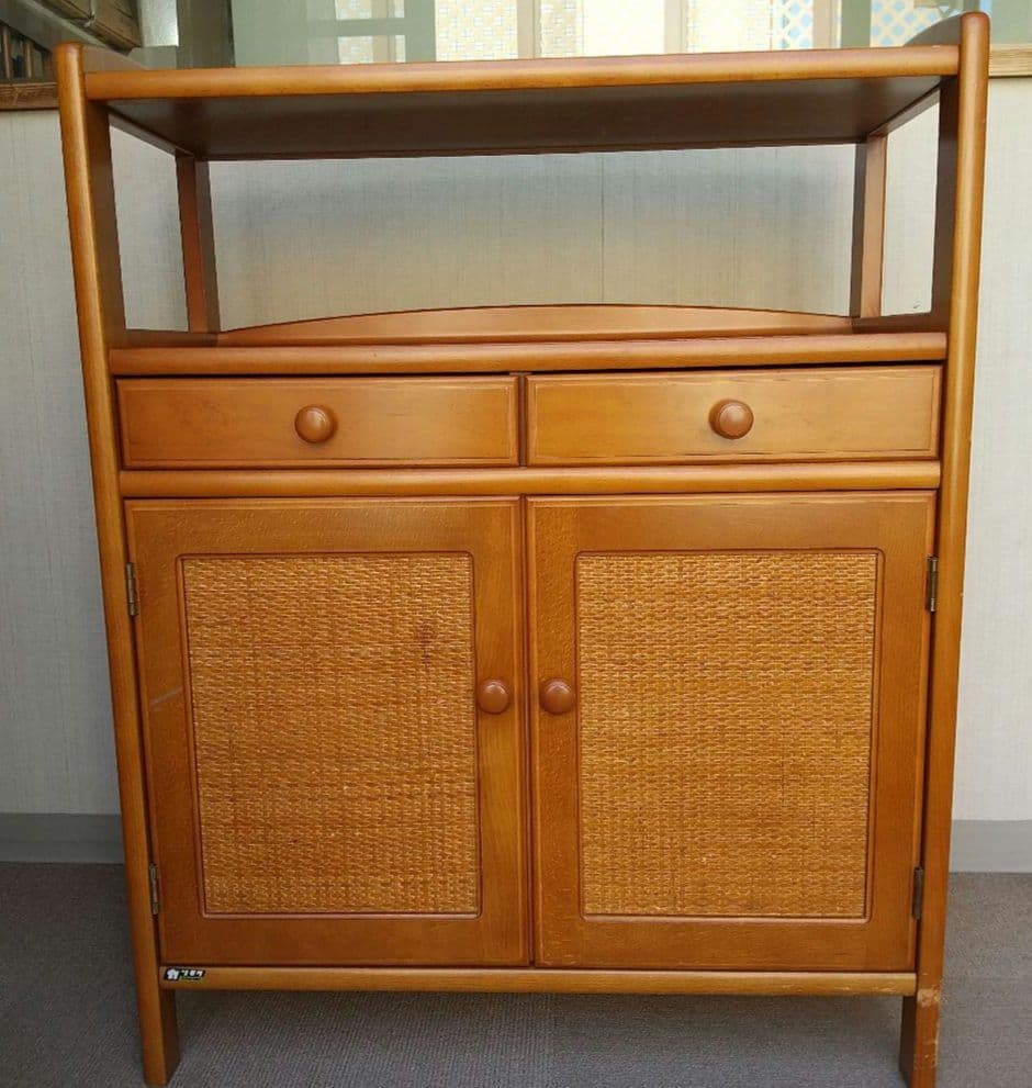 オールドカリモク キャビネット 電話台 収納 棚 ラタン