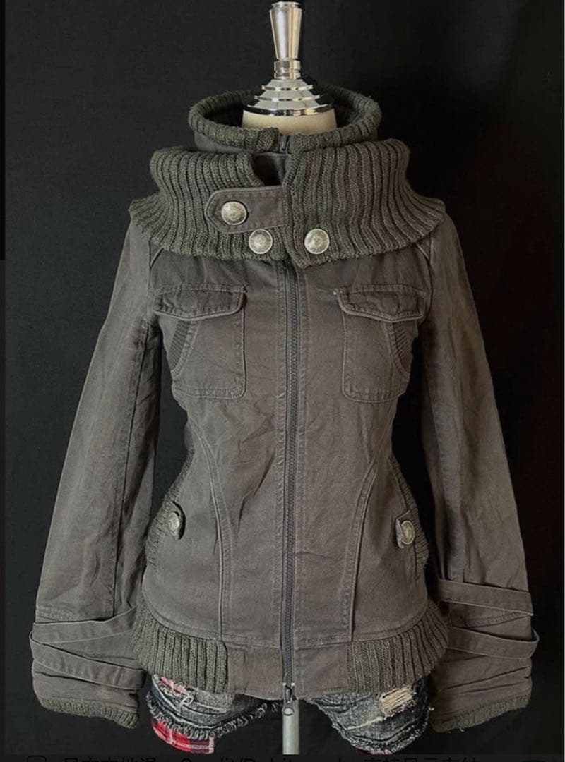 ミリタリー風 ジャケット ハイネック ニット襟付き グレー 秋冬　y2k 平成