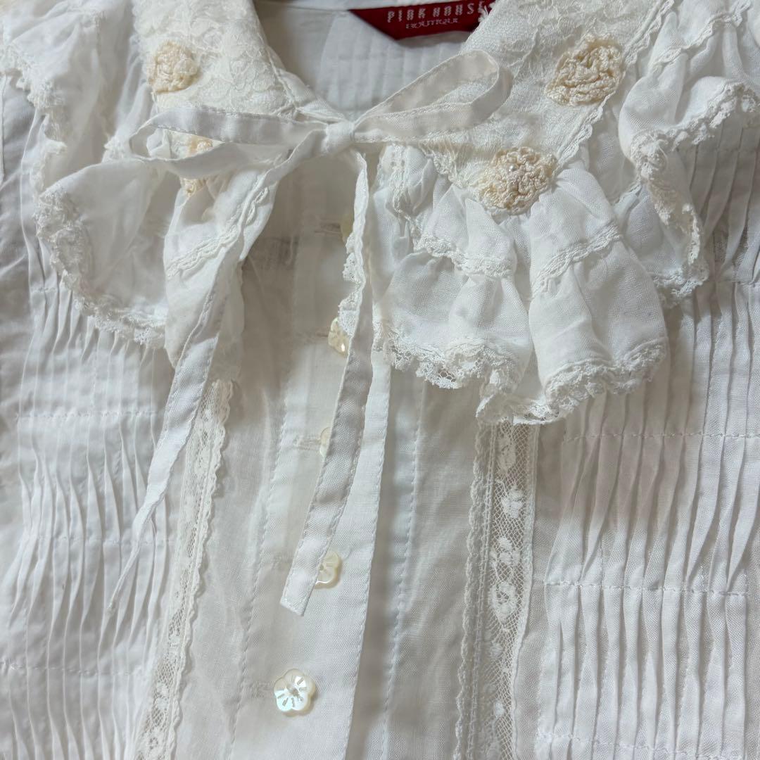 ピンクハウス　希少　日本製　ローンブラウス　レース　花モチーフ　ピンタックP72