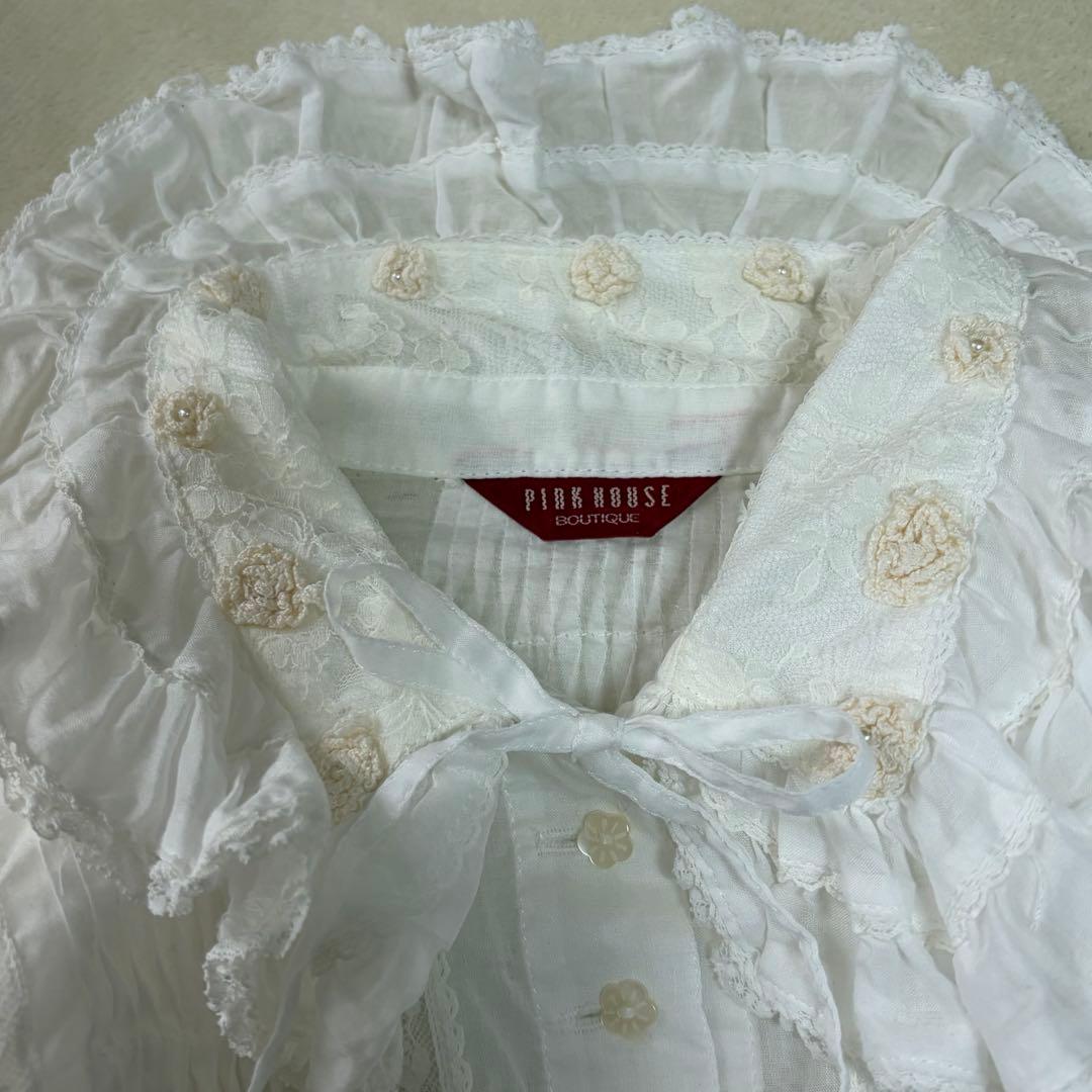 ピンクハウス　希少　日本製　ローンブラウス　レース　花モチーフ　ピンタックP72