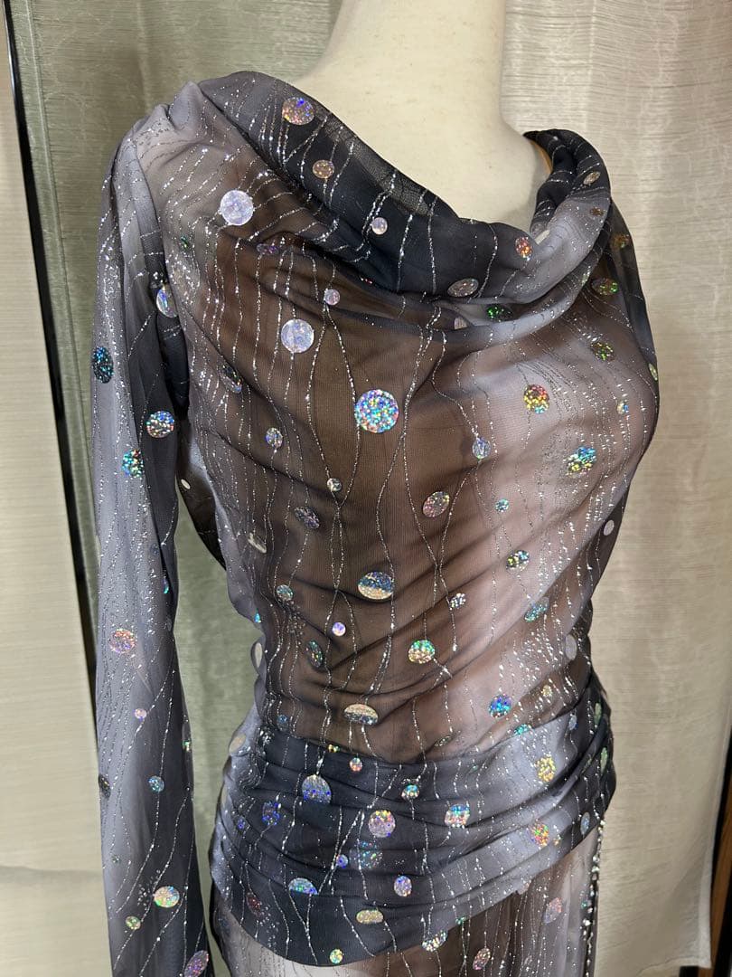 ✨️豪華オ―ダ―✨️社交ダンススタンダードドレス（Mサイズ）シースルーロングドレス