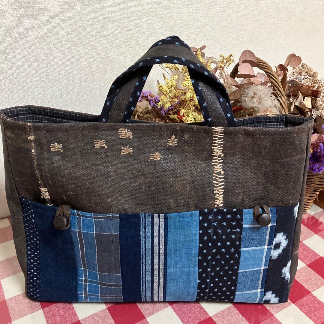 酒袋柿渋染め古布藍染め雪ん子絣格子木綿パッチワークトートバッグ 刺し子男女兼用