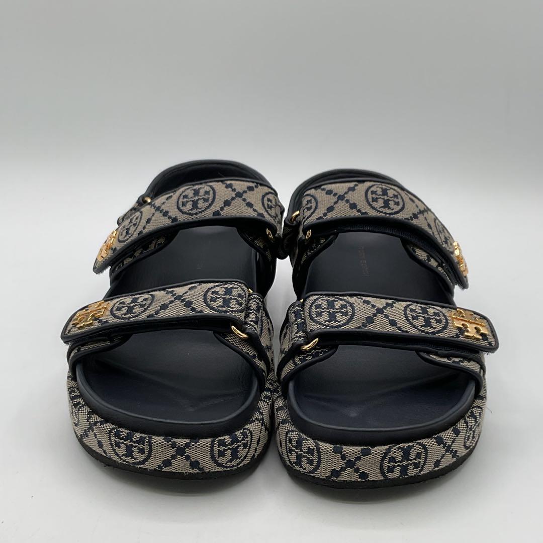 トリーバーチ サンダル Tモノグラム ゴールド カーキ キャンバス 23cm