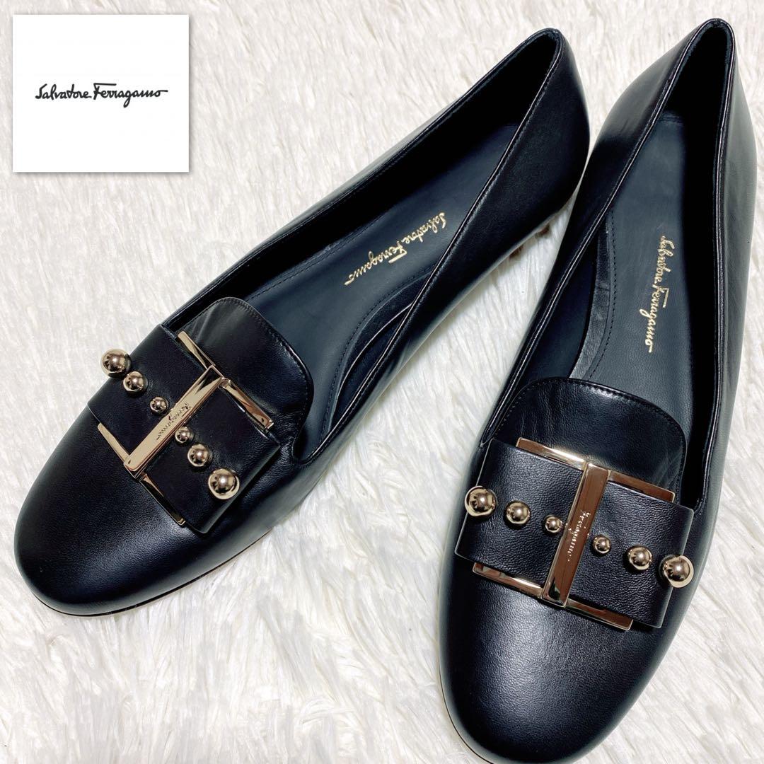 未使用級✨Ferragamo フェラガモ パンプス リボン スタッズ　9C 黒