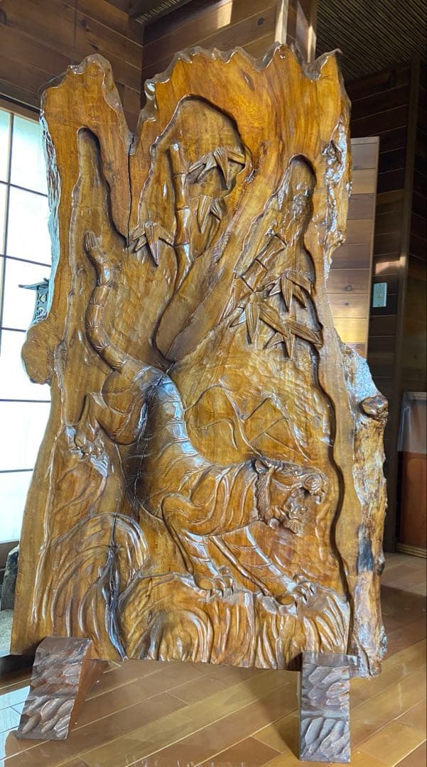 アンティーク　一刀彫り　衝立　パーテーション　虎トラ　天然木1枚板