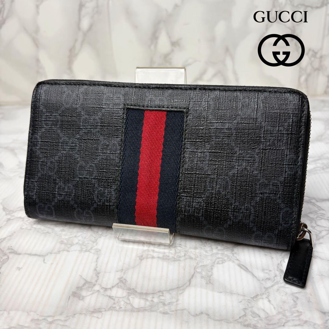 01 美品 GUCCI 長財布 シェリーライン PVC GGスプリーム 黒 o9