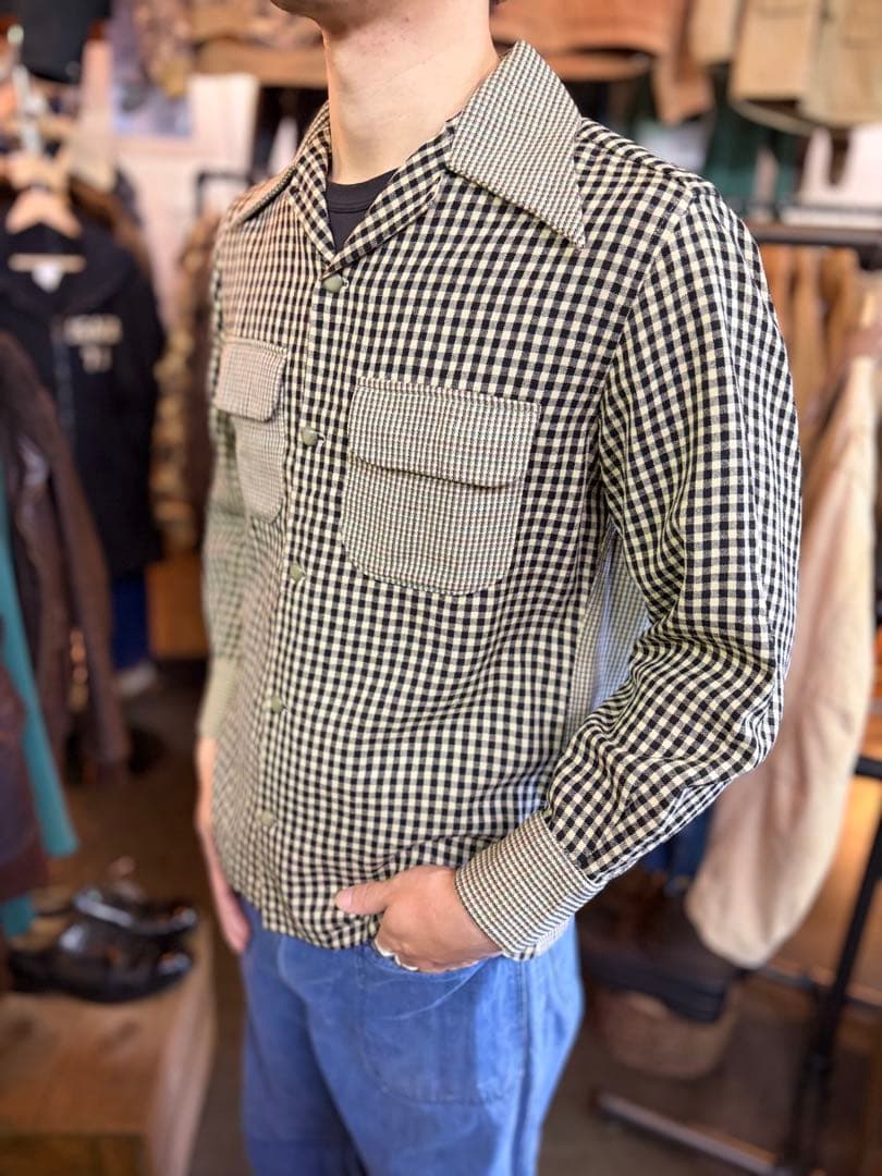 40s Vintage ウールオープンカラー クレイジーチェック ウール シャツ