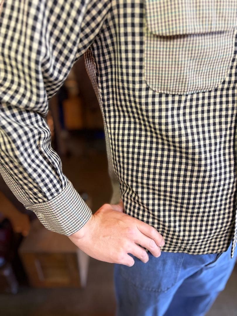 40s Vintage ウールオープンカラー クレイジーチェック ウール シャツ