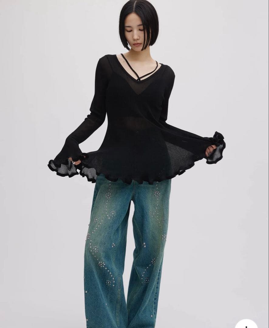 トップス SHEER FRILL V NECK KNIT TOP