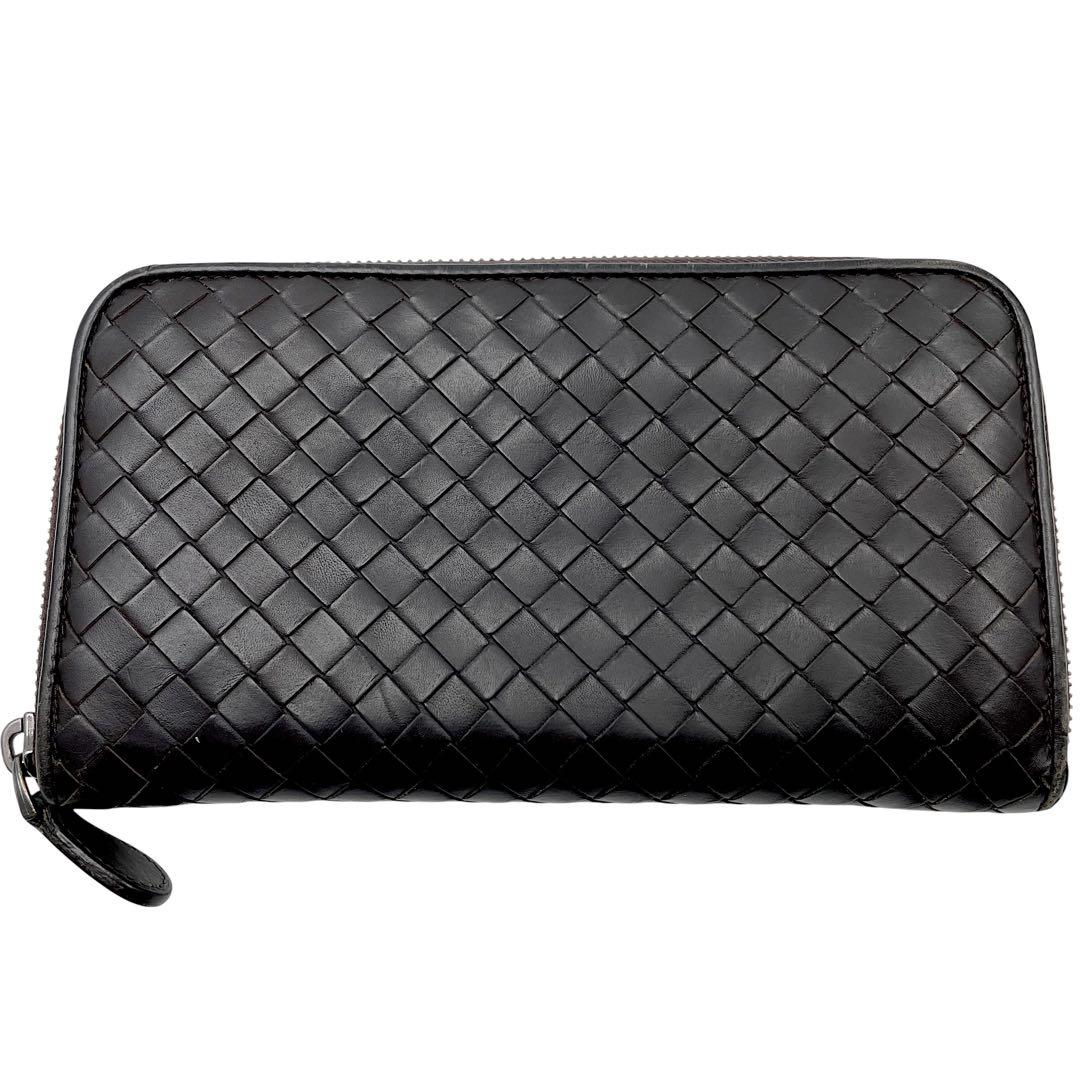 【極美品】ボッテガヴェネタ　長財布　イントレチャート　こげ茶　ラウンドファスナー