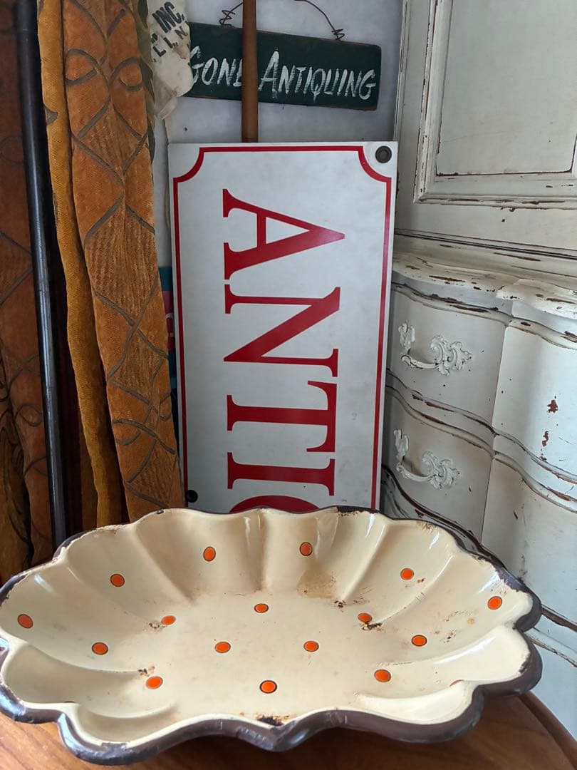 フランス　アンティーク　ホーロー　トレイ　プレート　ポルカ　ドット　水玉　レア