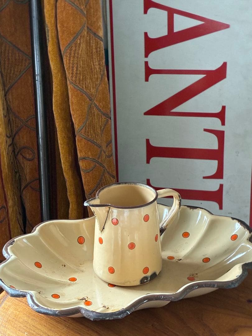 フランス　アンティーク　ホーロー　トレイ　プレート　ポルカ　ドット　水玉　レア