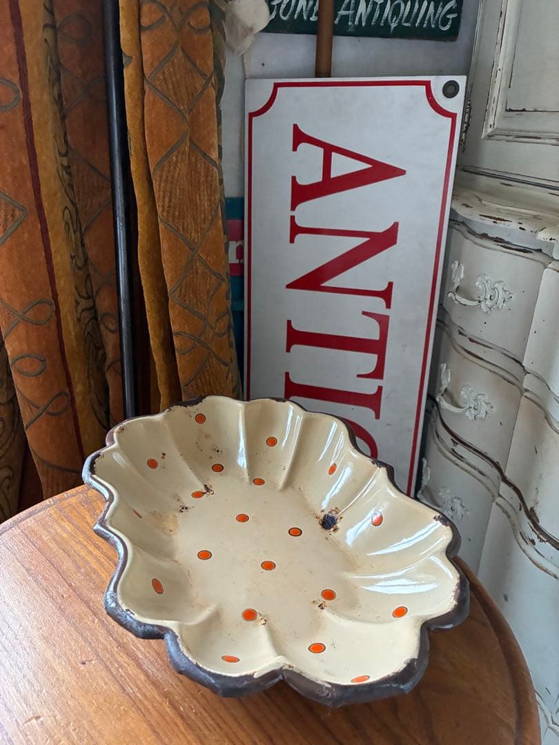 フランス　アンティーク　ホーロー　トレイ　プレート　ポルカ　ドット　水玉　レア