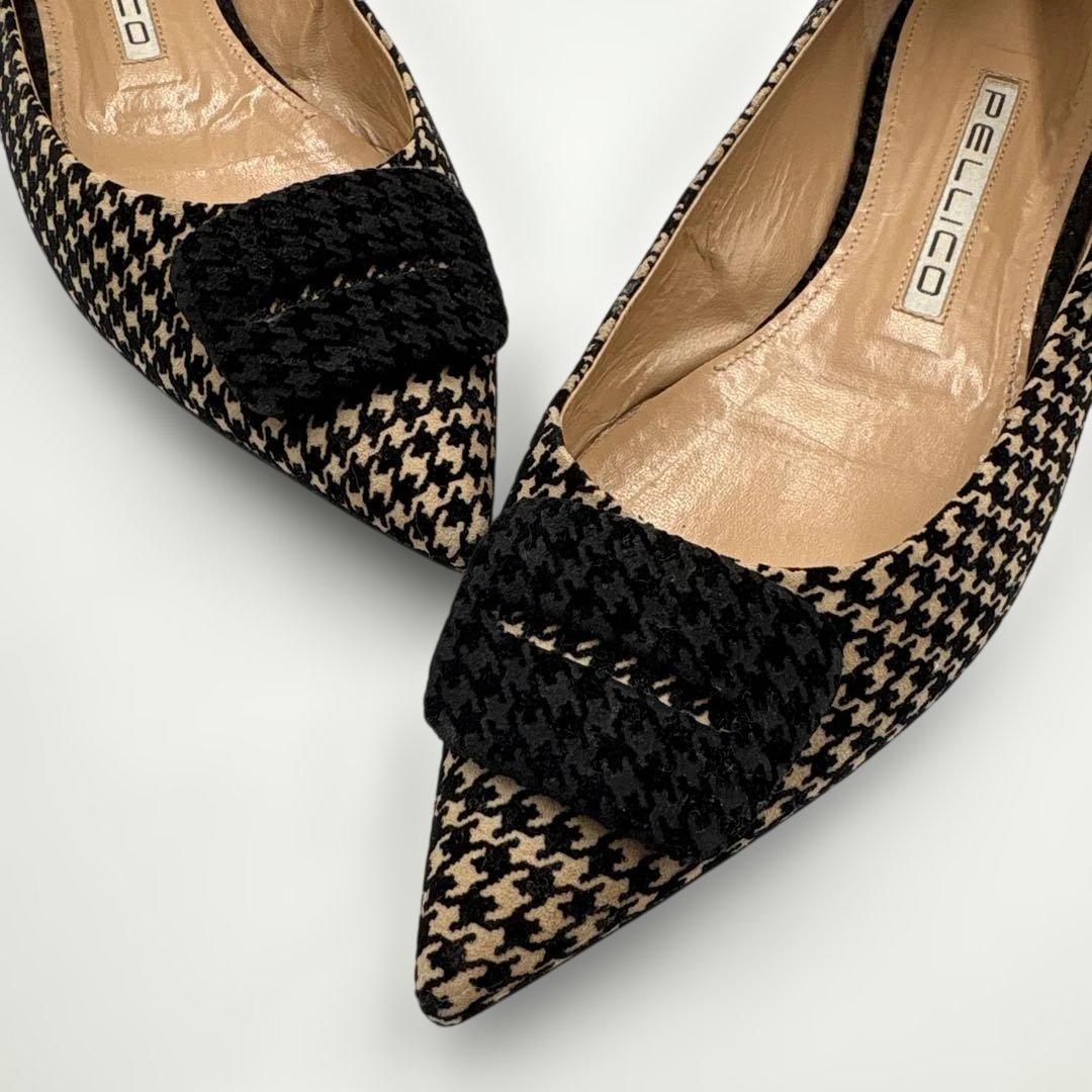 美品✨ペリーコ　フィッビア　千鳥柄　ポインテッドトゥ　フラットシューズ　黒×茶