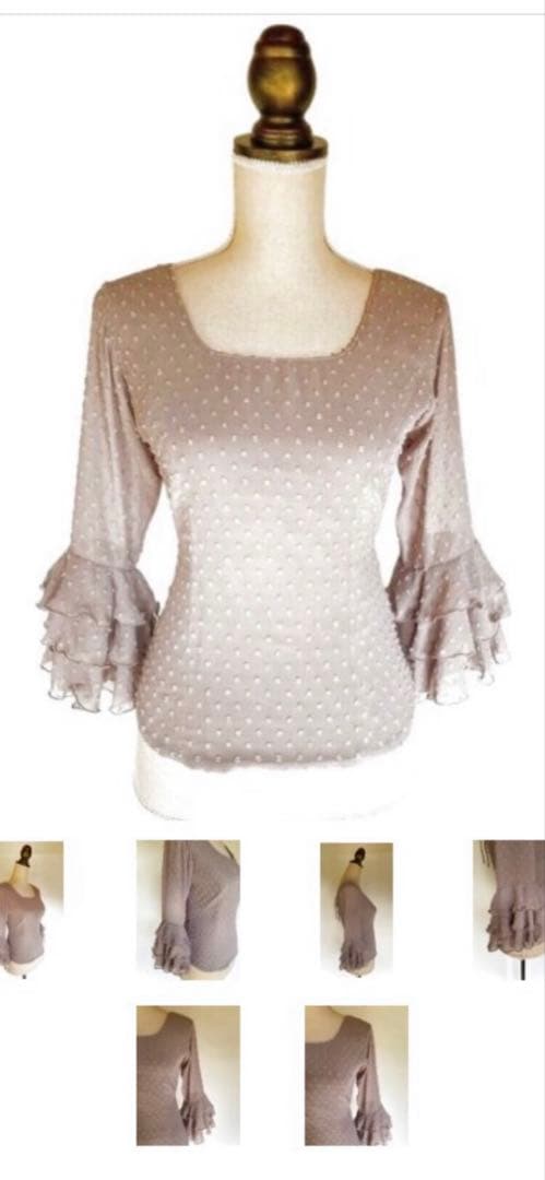 フラメンコ衣装　トップス　ブラウス　 ライトグレー　立体水玉生地　Lサイズ