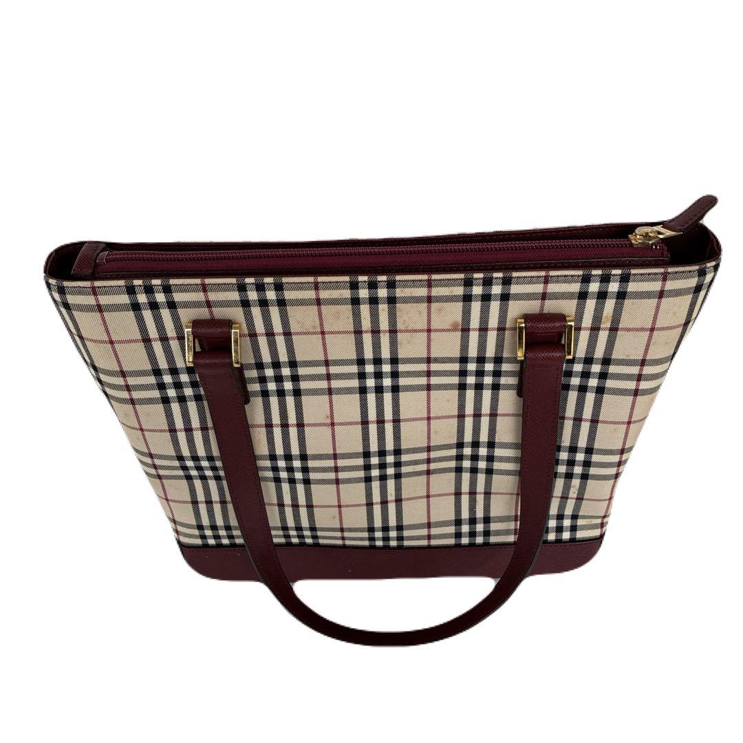 バーバリー　ノバチェック柄　トートバッグ ベージュ/バーガンディ　舟形