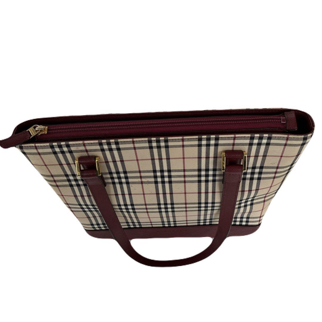 バーバリー　ノバチェック柄　トートバッグ ベージュ/バーガンディ　舟形