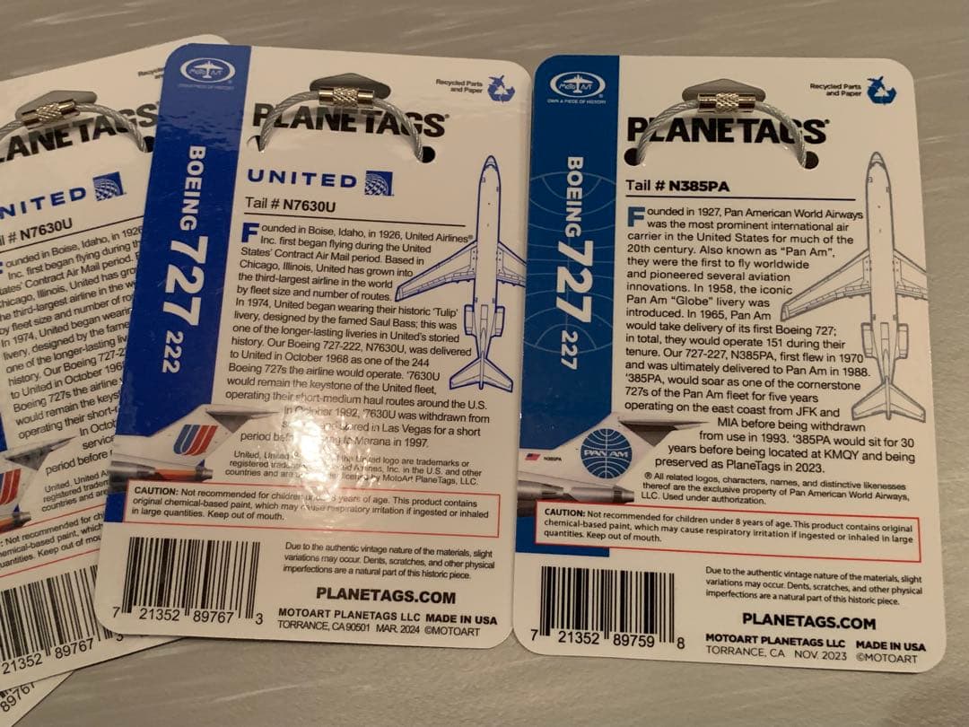 B727 ユナイテッド航空 パンナム航空 Planetags 4枚セット