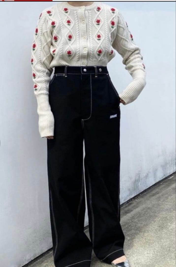 HOLIDAYホリデイフラワーニットカーディガン長袖ウール花柄刺繍ショート丈