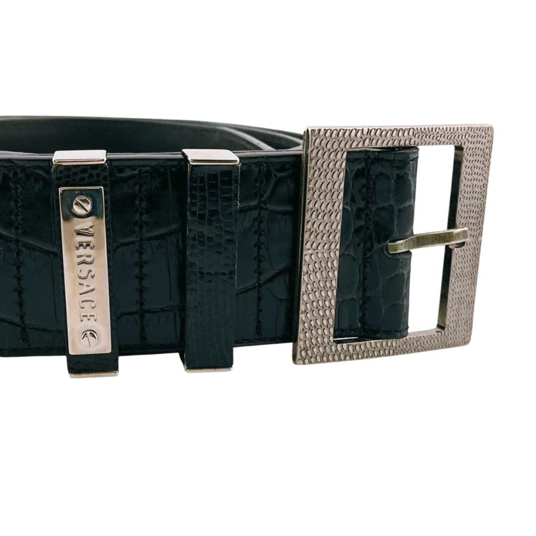 ヴェルサーチ レザーベルト クロコダイル型押し ブラック スクエアバックル