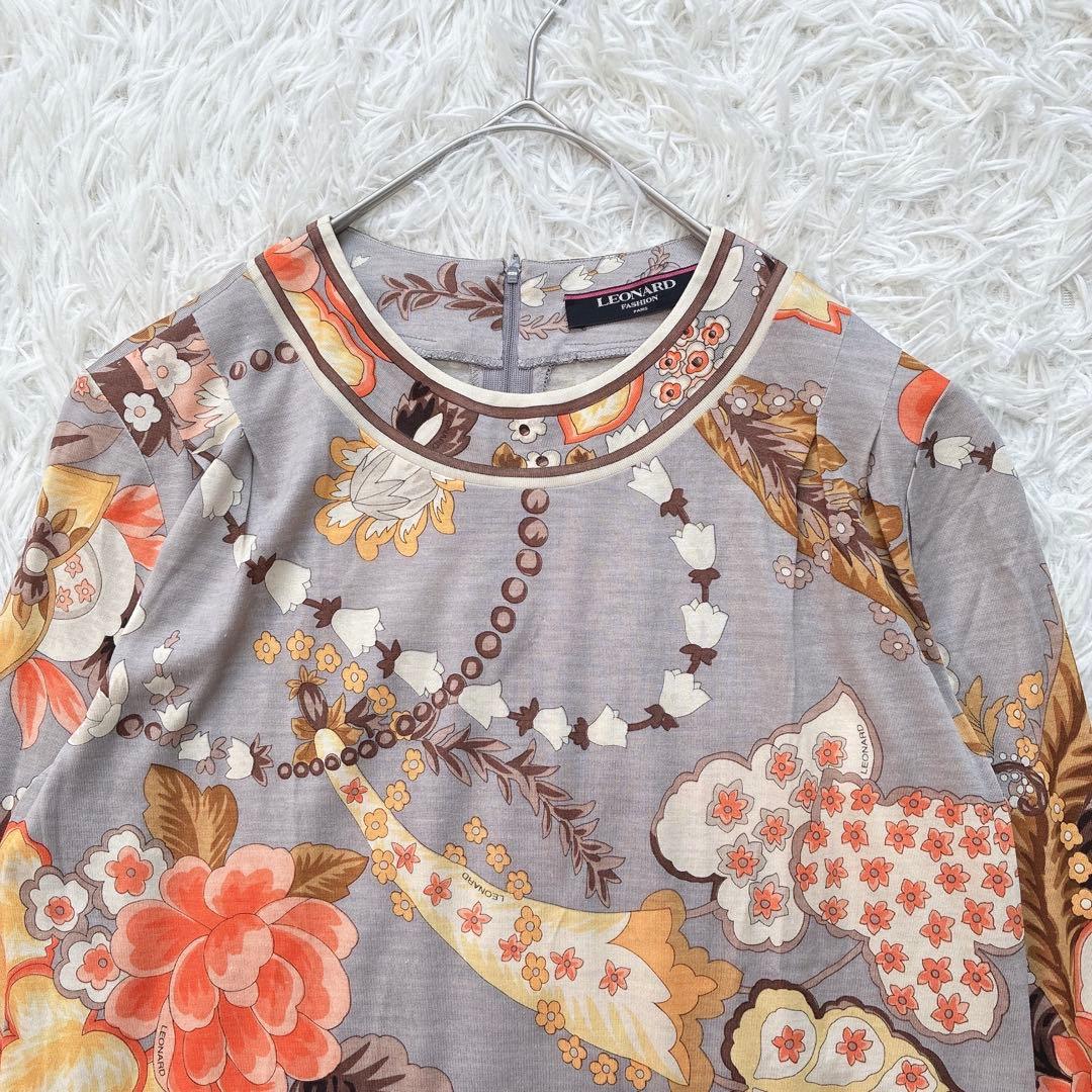 LEONARD レオナール シルク ウール 花柄 トリム 長袖シャツ ブラウス