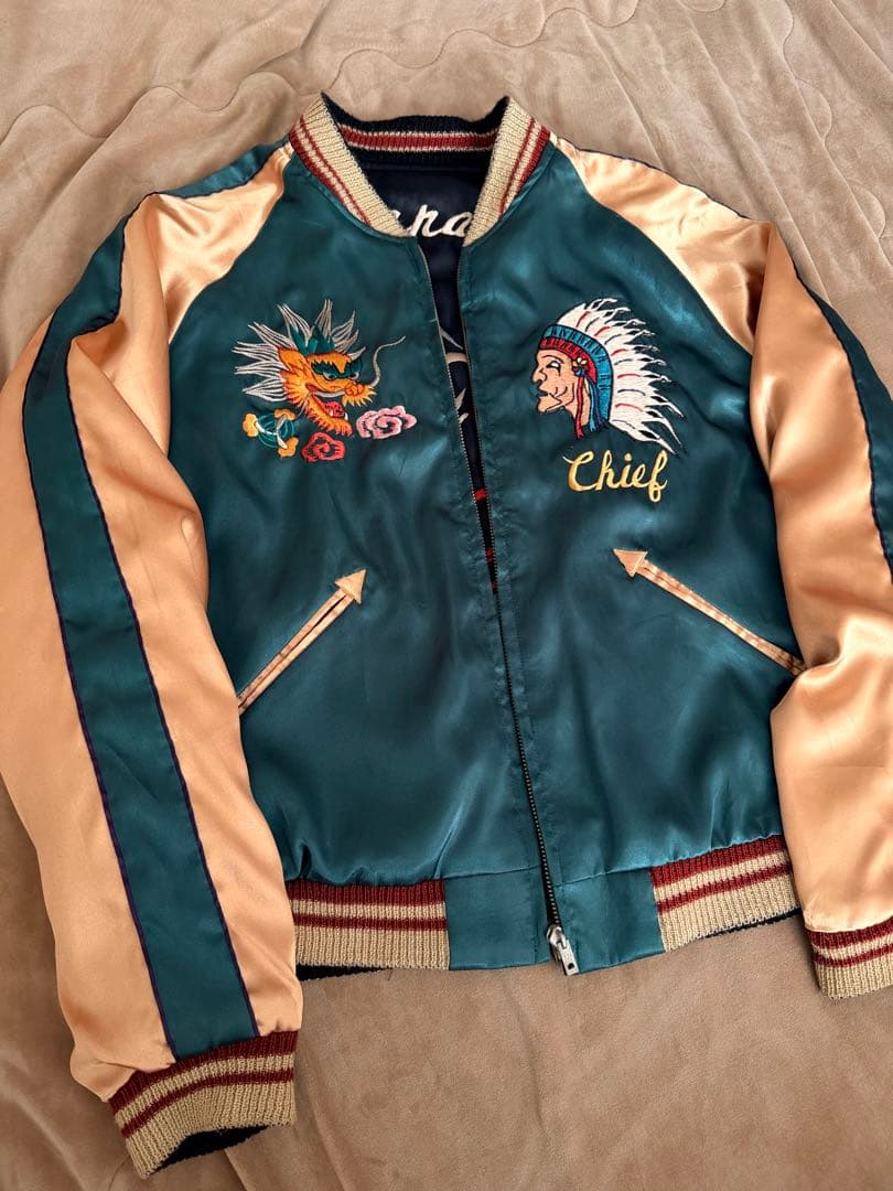 ２面用 テーラー東洋 虎 富士山 和服の女性 日本限定スカジャン vintage